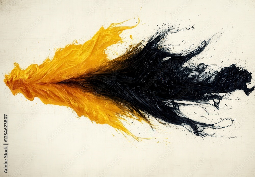 Poster abstract image of gold and black liquid splashes on a textured off white background. the vibrant col