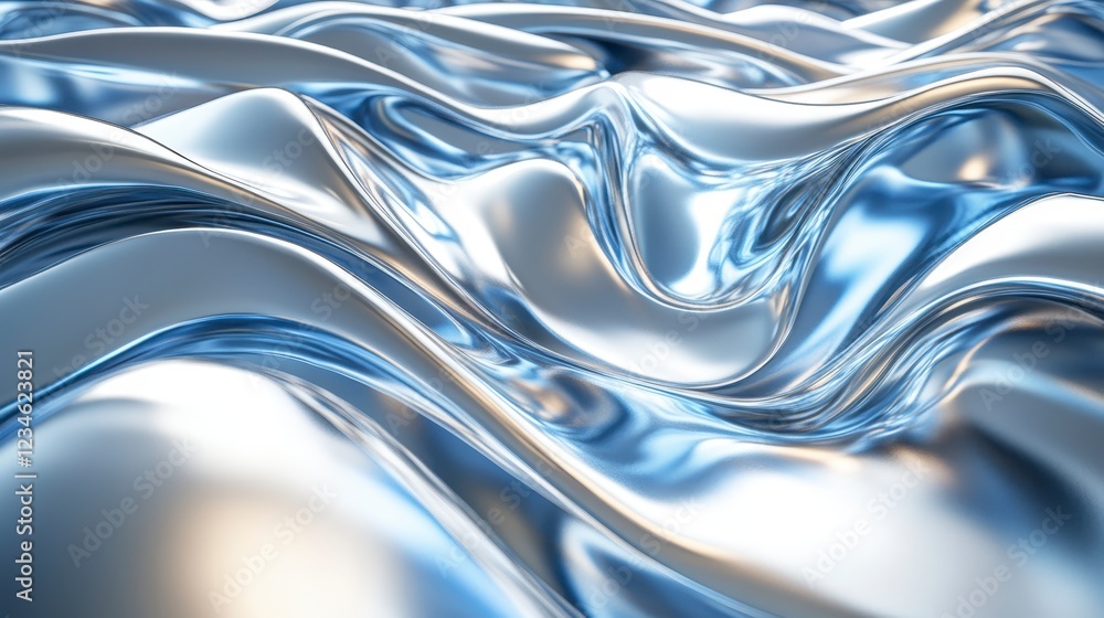 Poster abstract image of flowing silver and blue liquid metal creating a wavy texture. the image features a