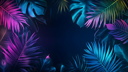 Neon tropical leaves frame, dark background, summer party invitation