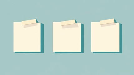 Three blank notes on a light blue wall, taped with beige tape, for memo or message
