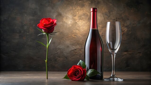 Sektglas mit roter Rose vor Flasche , Sektglas, Feinhebkunstglas,  Sektglas, Feinhebkunstglas