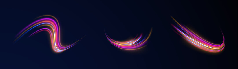 Obraz premium Creative vector illustration of flying cosmic meteor, planetoid, comet, fireball isolated on transparent background. Effect, png, wave,neon,line. Light arc in neon colors, in the form of a turn.