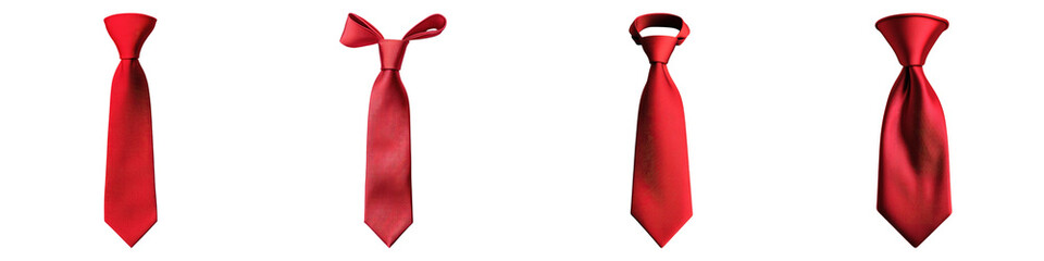 Red necktie isolated on transparent background, PNG, Set of