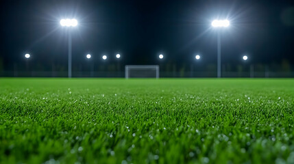 Night soccer field, goal in focus, lights background, sports game