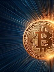 A glowing Bitcoin coin surrounded by dynamic light rays, symbolizing the energy and movement of cryptocurrency in a digital world.