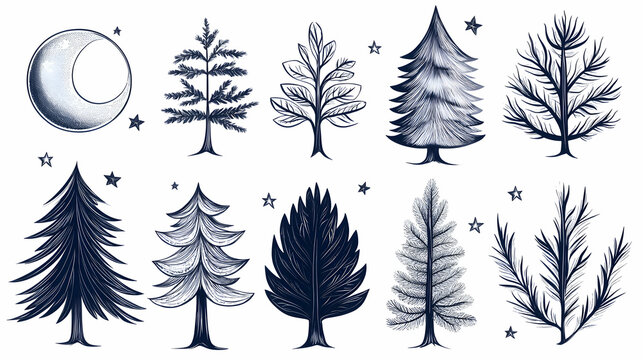 Night sky, various evergreen trees, moon, stars; graphic design elements for nature-themed projects