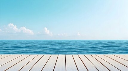 Fototapeta premium Ocean view from white wooden dock; summer sky, calm sea; for travel brochures