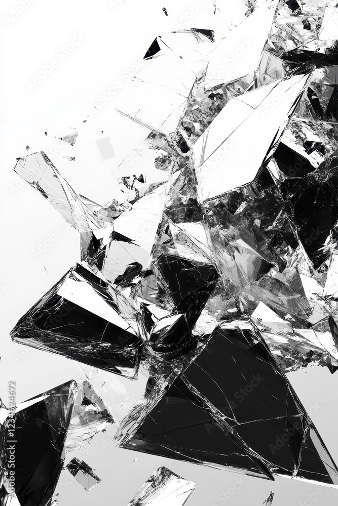 Poster abstract grayscale artwork featuring fragmented geometric shapes with varying shades of gray and bla