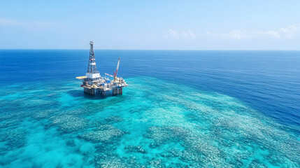 Obraz premium Offshore oil rig on coral reef, sunny day, ocean background. Energy industry, environmental impact