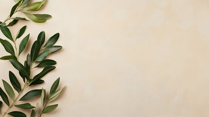 Olive branches on beige background, nature concept, copy space, website banner