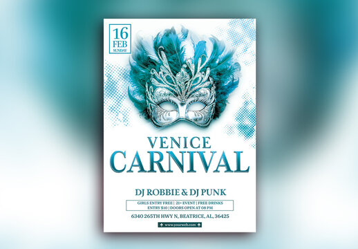 Editable Carnival Party Flyer or Poster Template, Venice Carnival Party Flyer Design with Feather Masquerade Ball and Event Details.