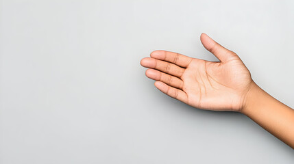 Open hand gesture on gray background, presenting or offering something