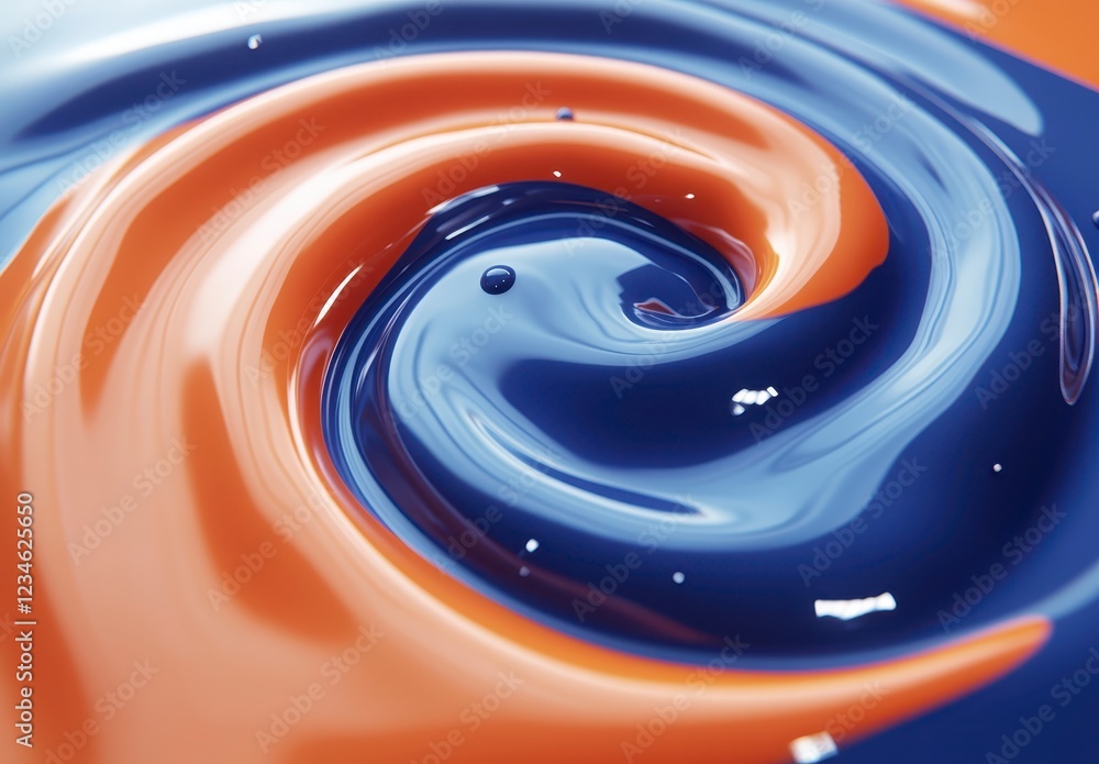 Poster abstract swirling pattern of orange and blue liquids. close up view of a dynamic, vibrant mix of two