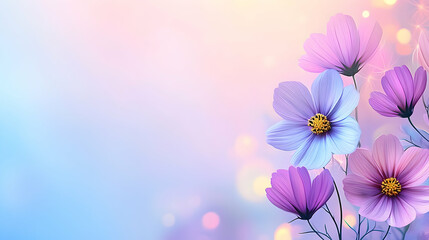 Pastel cosmos flowers, soft-focus background, gentle light, spring season, ideal for greeting cards