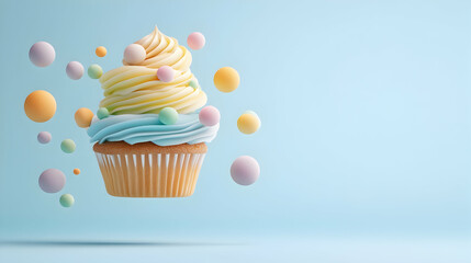 Pastel cupcake with colorful balls, floating against a light blue background; perfect for birthday or celebration cards
