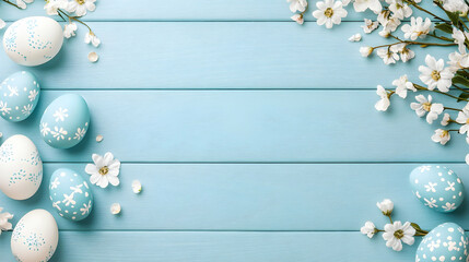 Pastel Easter eggs and blossoms on blue wood; spring celebration background; greeting card design