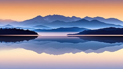 Fototapeta premium Serene sunrise over a calm lake reflecting majestic mountains.