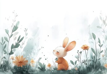 Obraz premium Adorable illustration of a small bunny sitting amidst a field of yellow and green flowers. Soft watercolor style, light background