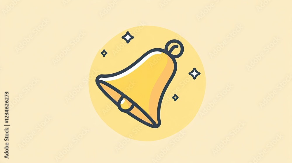 Poster golden bell icon in a circle with sparkles, simple line art style notification symbol.