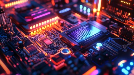 Obraz premium A gaming computer with colorful lights is built with different parts.