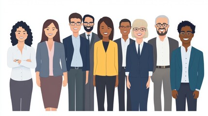 Obraz premium A group of colleagues stand together and smile at the camera. They are proud of their success and work well together. The team is diverse, with people from different backgrounds.