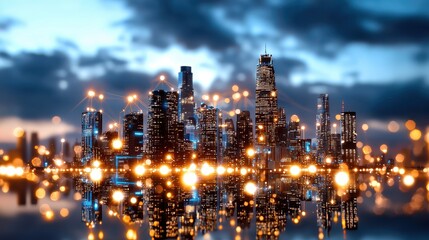 Fototapeta premium Night Cityscape with Reflection and Bokeh Lights