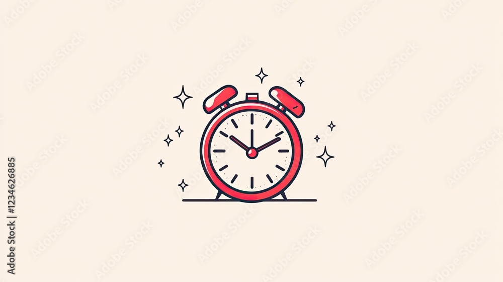 Poster red alarm clock waking up on beige background; simple design for website or app