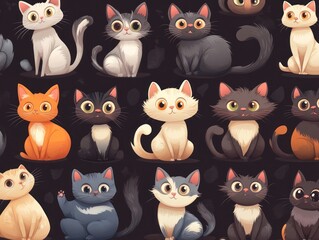 Adorable cartoon cats sitting, dark background, pet pattern, website design