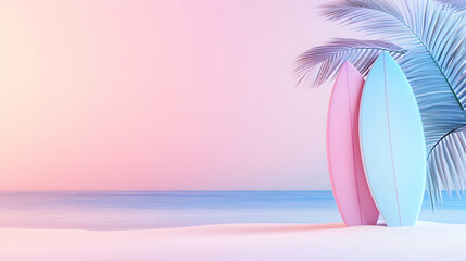 Pink and blue surfboards on beach at sunset, tropical palm leaves, ocean background; summer vacation advertisement