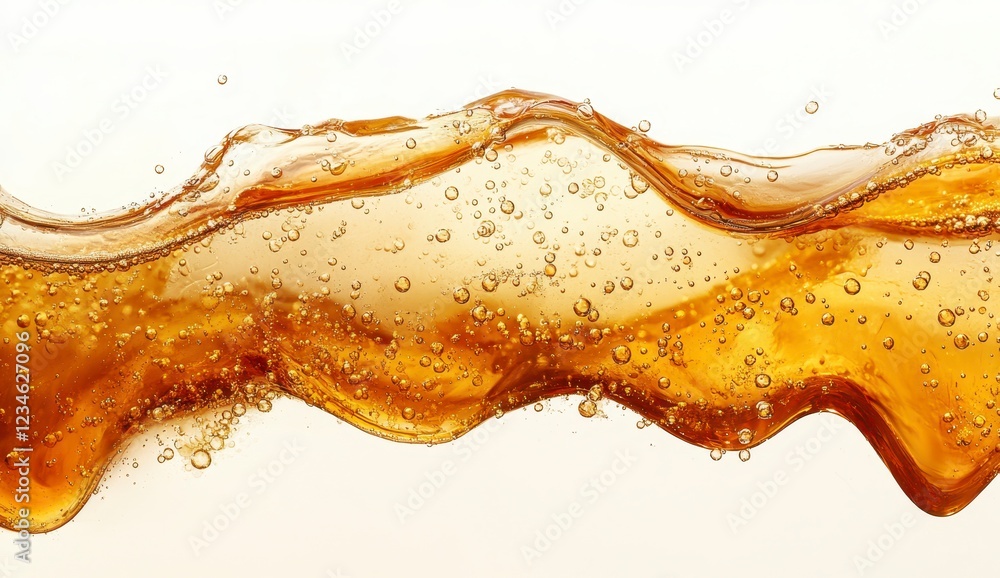 Poster abstract image of amber liquid flowing dynamically against a white background. the liquid is texture