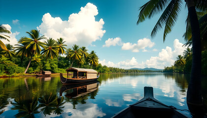Tropical paradise, crystal clear turquoise water, wooden boat, majestic mountains, dramatic sky, vibrant colors, tranquil lagoon, idyllic beach scene, Southeast Asian landscape, postcard-perfect view,
