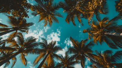 Tropical palm trees against a clear blue sky with white clouds