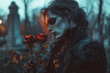 gothic valentine featuring decaying victorian vampire holding wilted roses in moonlit cemetery, dramatic lighting and dark romantic atmosphere