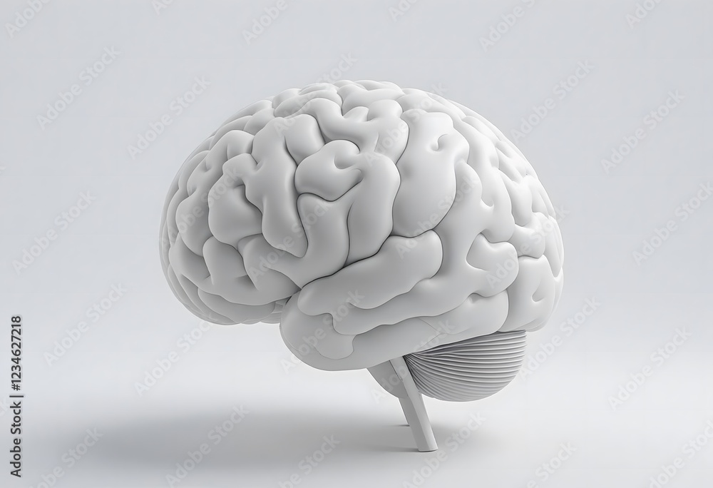 Fototapete white 3d rendering of a human brain on a minimalist gray background, highlighting the intricate deta
