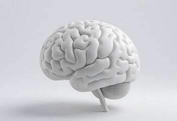 White 3D rendering of a human brain on a minimalist gray background, highlighting the intricate details of its structure and form.