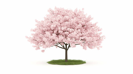 Obraz premium Pink cherry blossom tree on grass, isolated white background; spring nature scene for website design