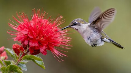 Naklejka premium Tiny Hummingbird sips nectar from a vibrant red flower, wings slightly blurred, delicate moment.