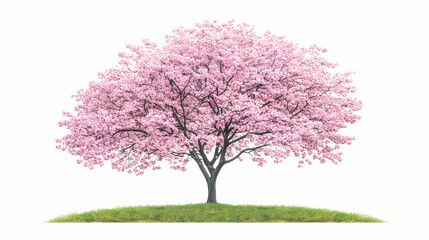 Fototapeta premium Pink cherry blossom tree on a small hill, isolated on white background; springtime nature scene, ideal for cards or websites