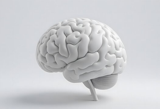 White 3D rendering of a human brain on a minimalist gray background, highlighting the intricate details of its structure and form.