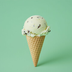 A scoop of mint chocolate chip ice cream on a cone