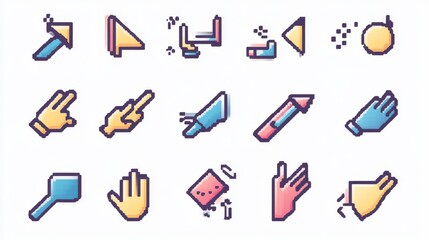 Obraz premium Collection of icons representing various types of mouse cursors, including arrows, hands, and pixels.