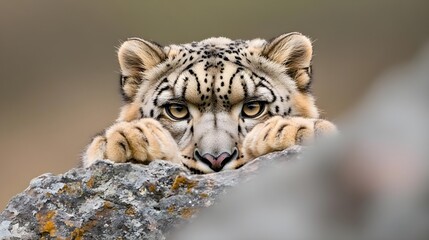 Obraz premium Snow Leopard's watchful gaze from behind a rock. A moment of intense beauty and grace.