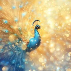 Fototapeta premium Vibrant peacock displaying its colorful feathers against a shimmering golden background