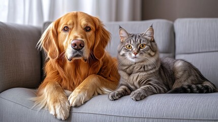 Golden retriever and tabby cat relaxing together on a grey sofa in a cozy home setting