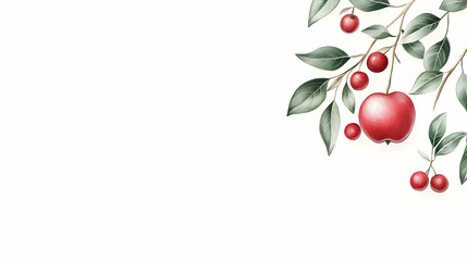 Red apple branch, white background, autumn harvest, food blog banner