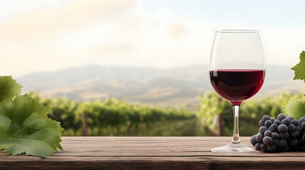 Red wine glass on vineyard table, sunny hills background. Perfect for wine tasting promotion