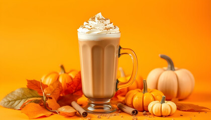 Autumn latte, pumpkin spice coffee, whipped cream, glass mug, orange background, fall leaves, small pumpkins, cinnamon sticks, warm colors, cozy atmosphere, seasonal beverage, festive drink, rustic se