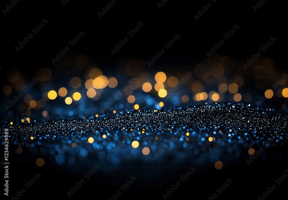 Poster abstract background with blue and gold glitter, bokeh lights, and dark background. sparkling texture