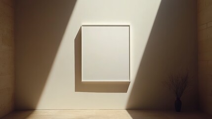 Blank canvas on a beige wall illuminated by sunlight, minimalist interior design with subtle shadows and a small vase of flowers