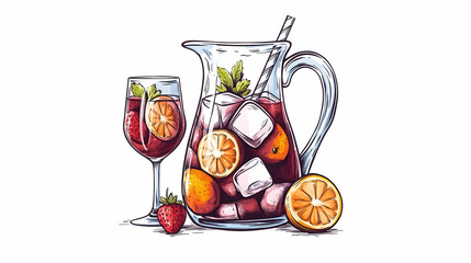 Refreshing summer sangria pitcher and glass, fruit slices, ice, white background, perfect for summer drink menus